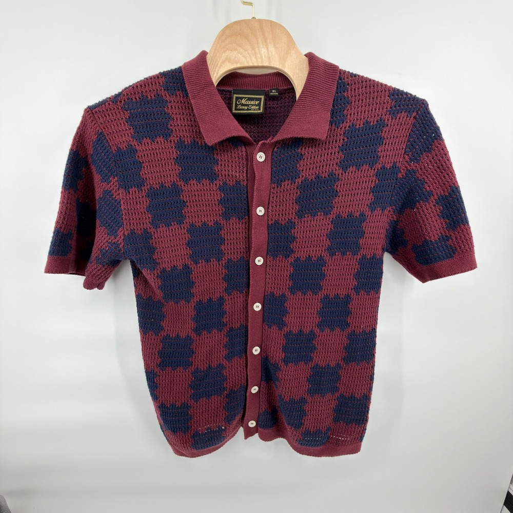 Massive Knit Polo Shirt Mens XL Burgundy Navy Checkered Crochet Button Down